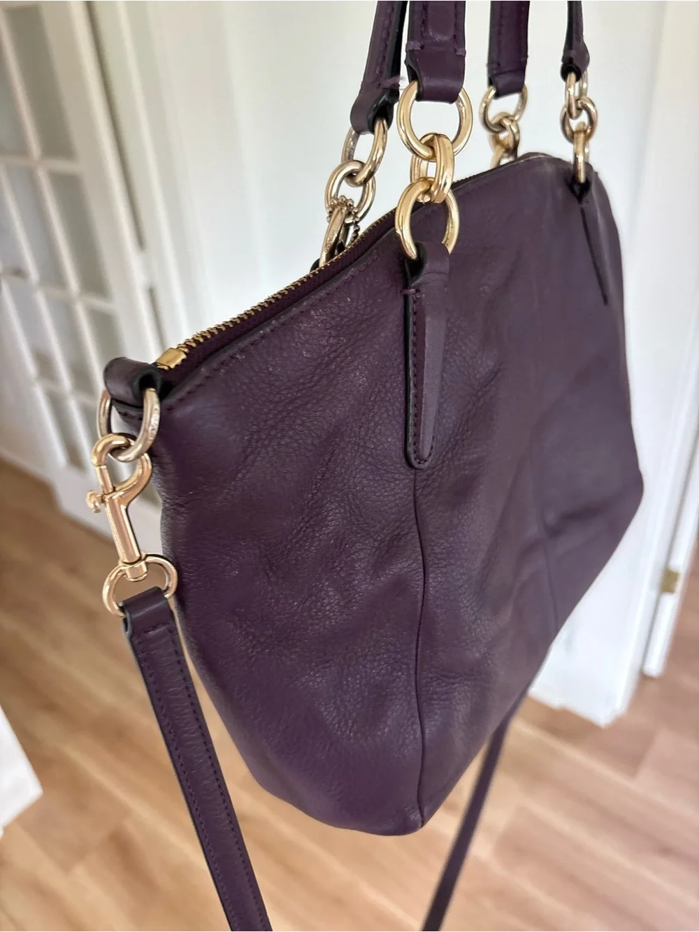 Coach Mini Satchel Kelsey Plum Leather Tote with Gold Chain Handles